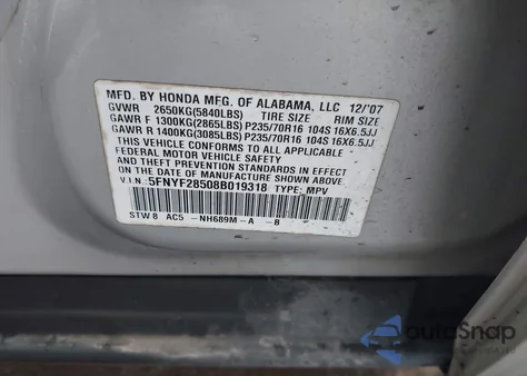 2008 Honda Pilot Ex-L z USA, uszkodzony, nr VIN 5FNYF28508B019318